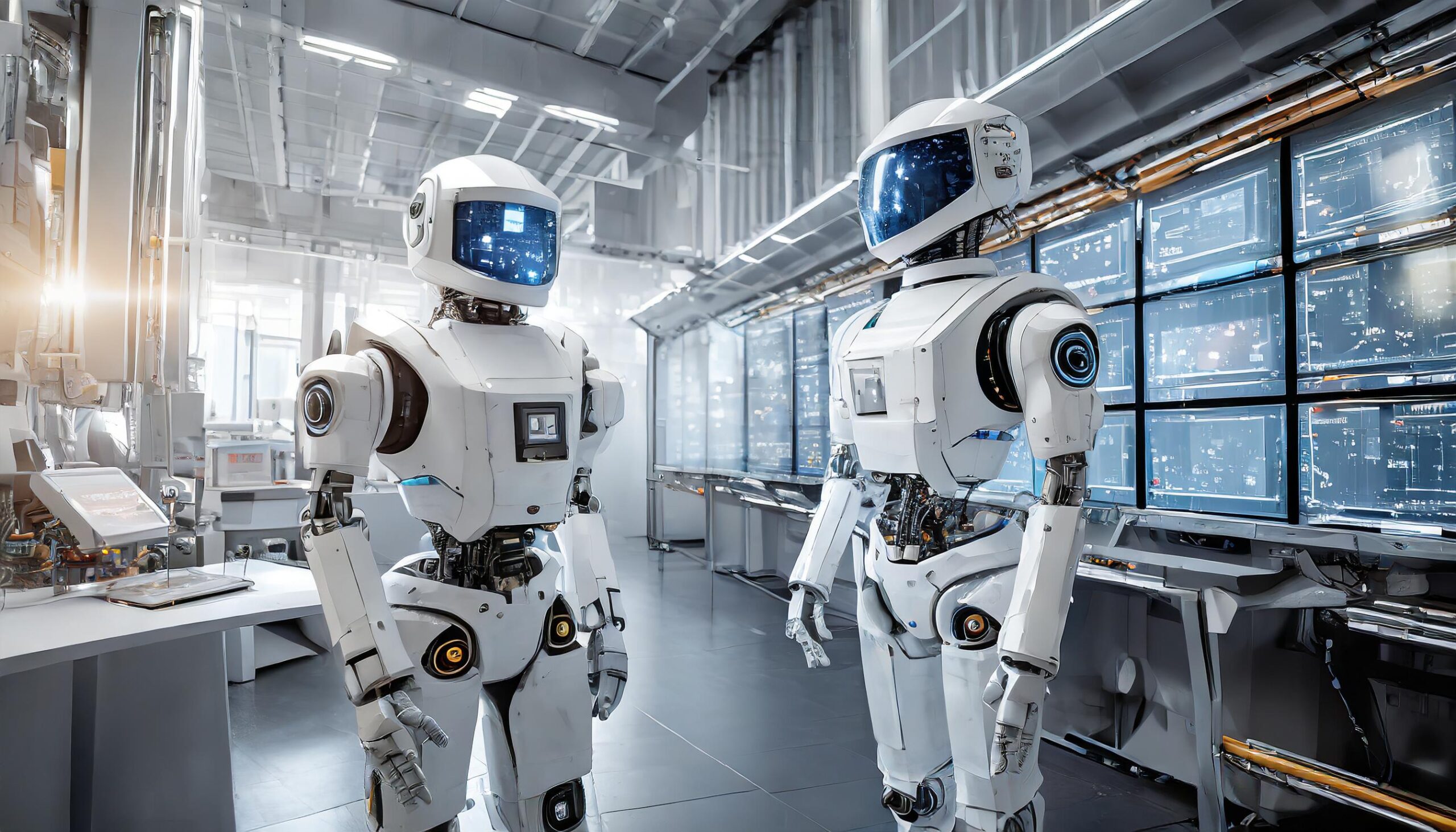 Firefly laboratory; scientist robots; 12 similar robot in spacesuit in the background; control panel-3 Generated in firefly using prompt: Firefly laboratory; scientist robots; 12 similar robot in spacesuit in the background; control panel